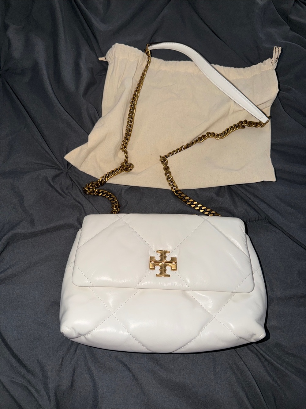 Tory Burch White Quilted Leather Shoulder Bag with Gold Chain